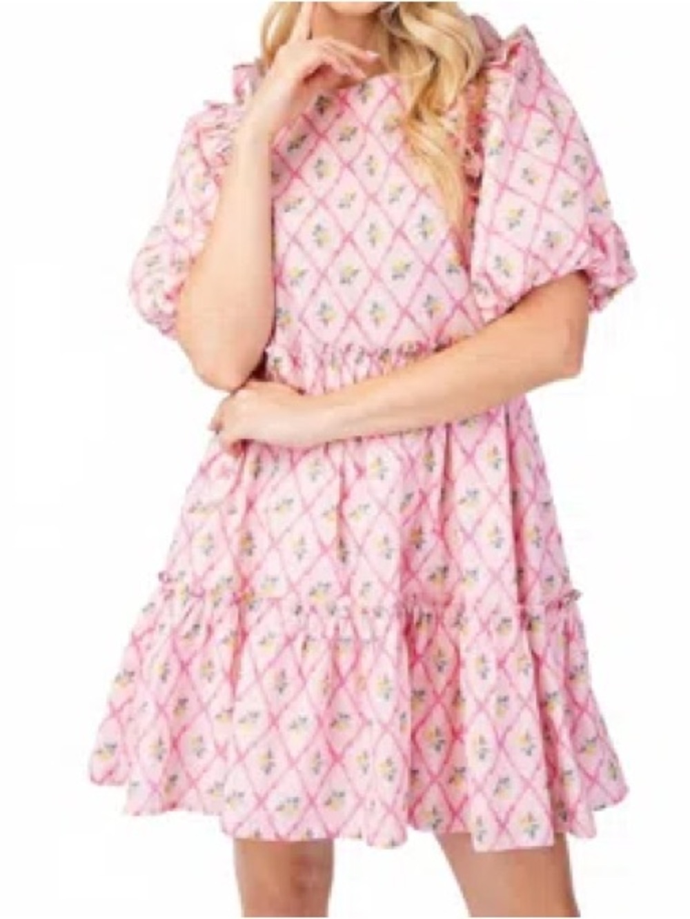 Pink Floral Diamond Tiered Dress